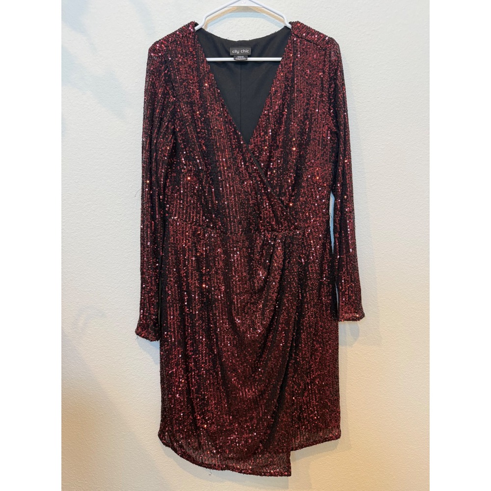 City Chic Women XXS 12 Red Razzle Sequin Long Slv Party Cocktail Holiday Dress‎